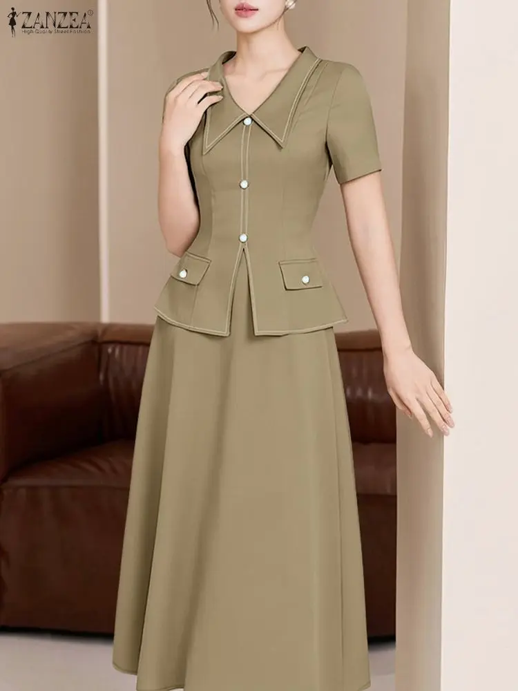 ZANZEA Элегантные шикарные женские комплекты из 2 предметов, модные топы с контрастной вышивкой и юбки-миди трапециевидной формы, костюмы из 2 предметов для поездок на работу, женские наряды