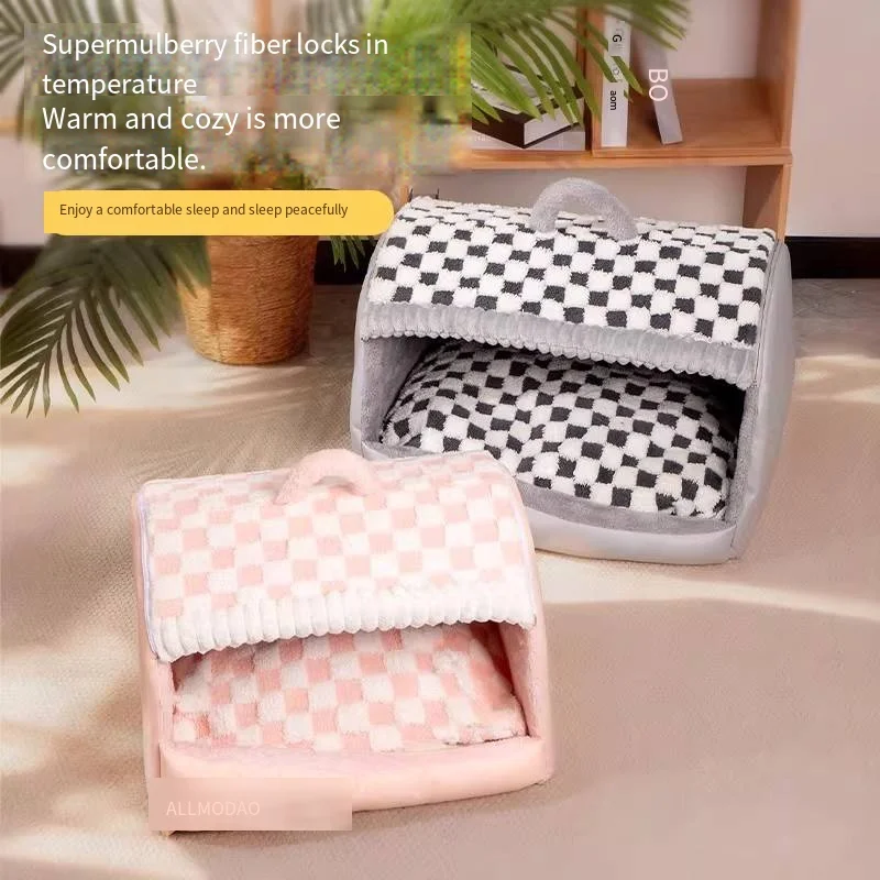 Cat bed Winter insulation and closed design Chessboard pattern drawer Dog bed Pet padded bed with handle for easy lifting