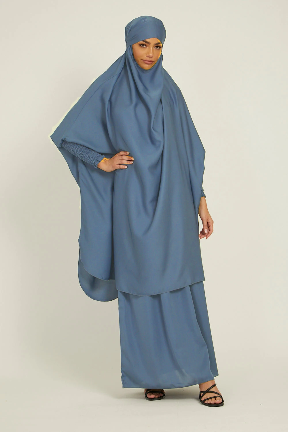 Two Piece Knee Length Jilbab Khimar Style Abaya and Skirt with Chunnat Slevees/Dolman Sleeves Grey Blue Color