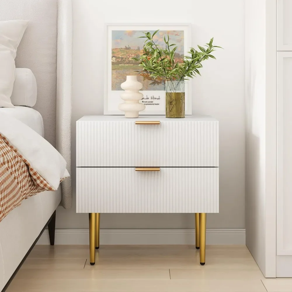 

Mid Century Modern Night Stand with 2 Wave Fluted Panel Drawers, Bedside Table with Gold Metal Legs, for Bedroom Set