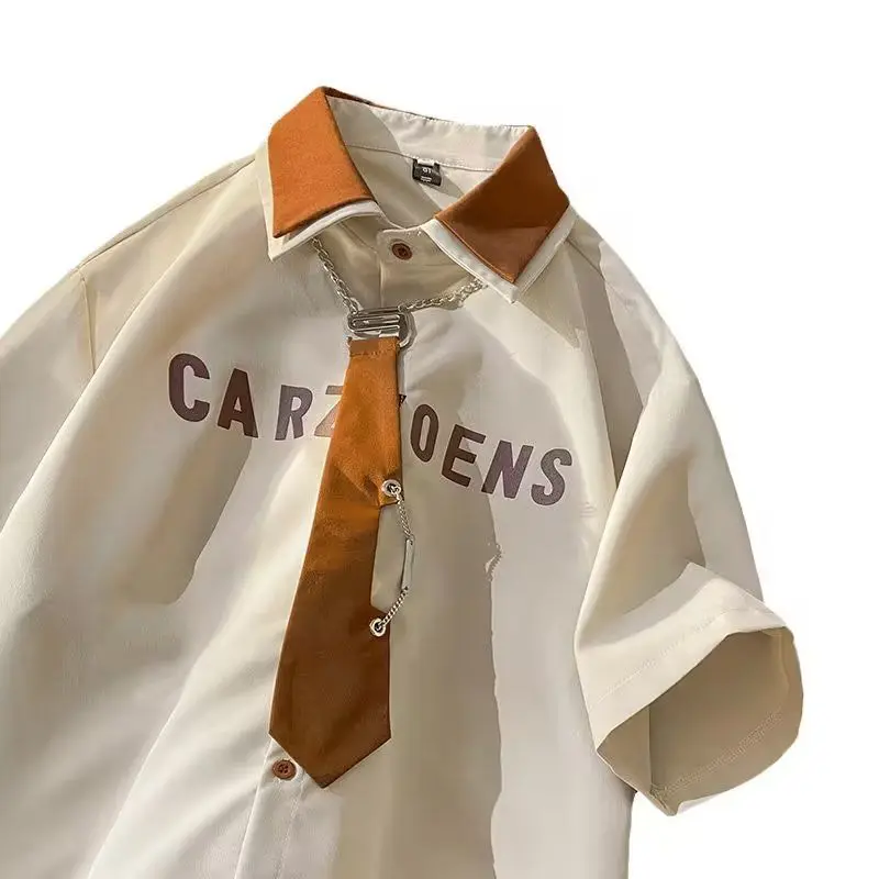 Koszula męska z blokami kolorów, elegancka koszula z krótkim rękawem, letni trend, luźna koszula z rękawem do połowy ramienia, casualowa koszula w stylu college, uniform DK Japan