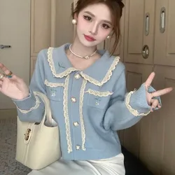 Women Autumn Winter Temperament Elegant Button Embroidered Color Blocking Knitting Women Clothes Turn-down Collar Pocket Sweater