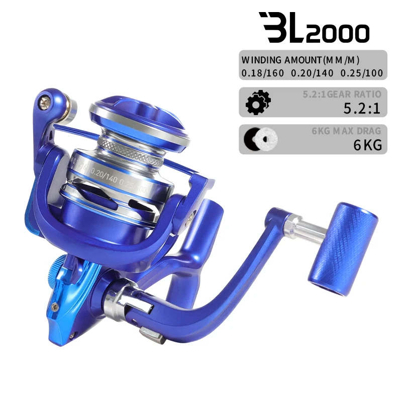 Carrete de Pesca Giratorio FISHMX BL2000, Relación de Engranajes 5.2:1, Arrastre Máximo de 6 kg, Recuperación Suave para Pesca en Agua Dulce y Salada