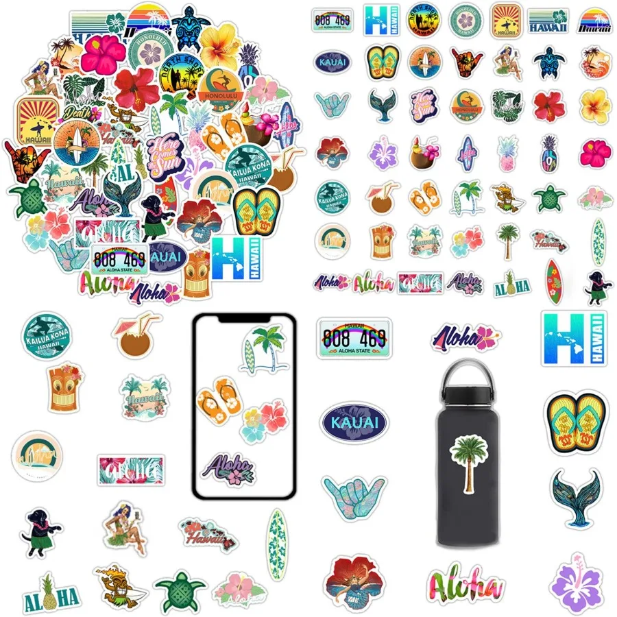 

Hawaii Beach Stickers 50 Pcs Aloha Tropical Vacation Waterproof Vinyl Decals for Water Bottles Laptop Luggage Cup Mobile Phone