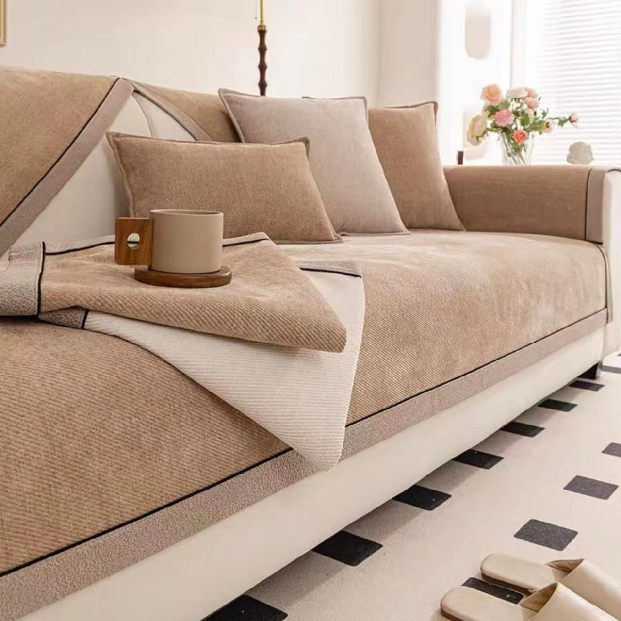 [Heavy Non-Slip Sofa Protector Classic] Yarn Dyed Twill Chenille Sofa Cover, Pet Friendly Machine Washable Sofa Towel Slipcover