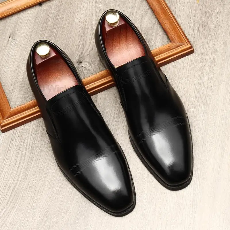 

Genuine Leather Men Loafers Round Head Low Heel Slip-On Fashion Party Business Casual Classic Dress Shoes Black Wine Red