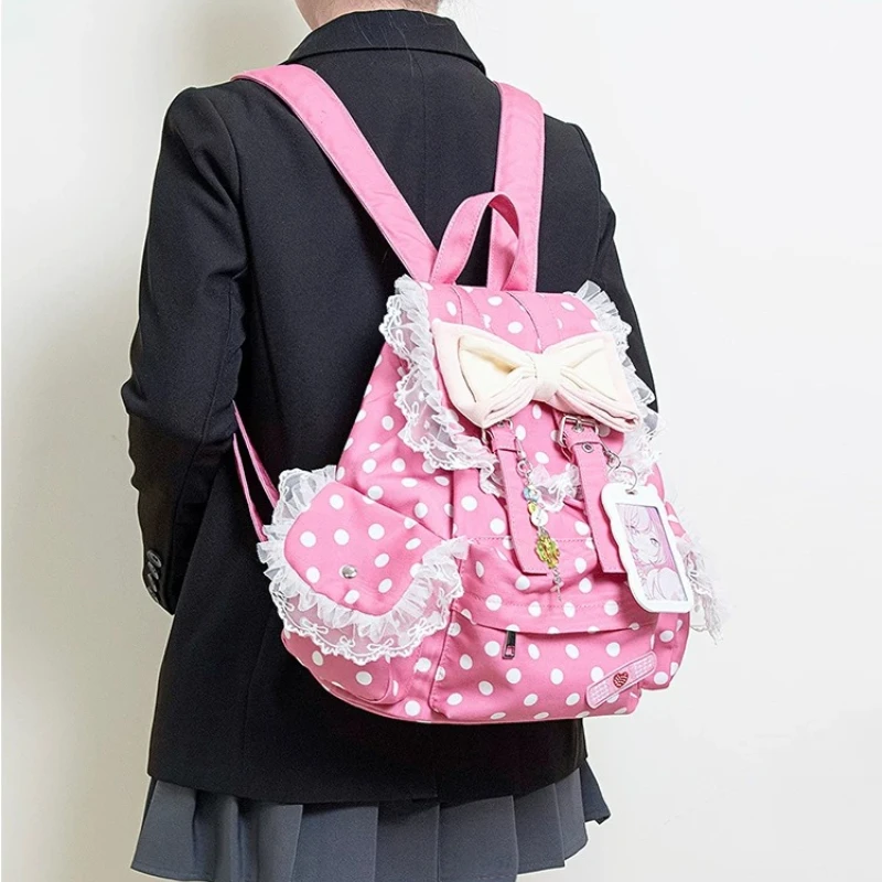 

Original Cute Ancient Flavor Lolita Lace Bow Cute Backpack Female Polka Dot Sweet Pink College Style Cute Backpack Soft Girl