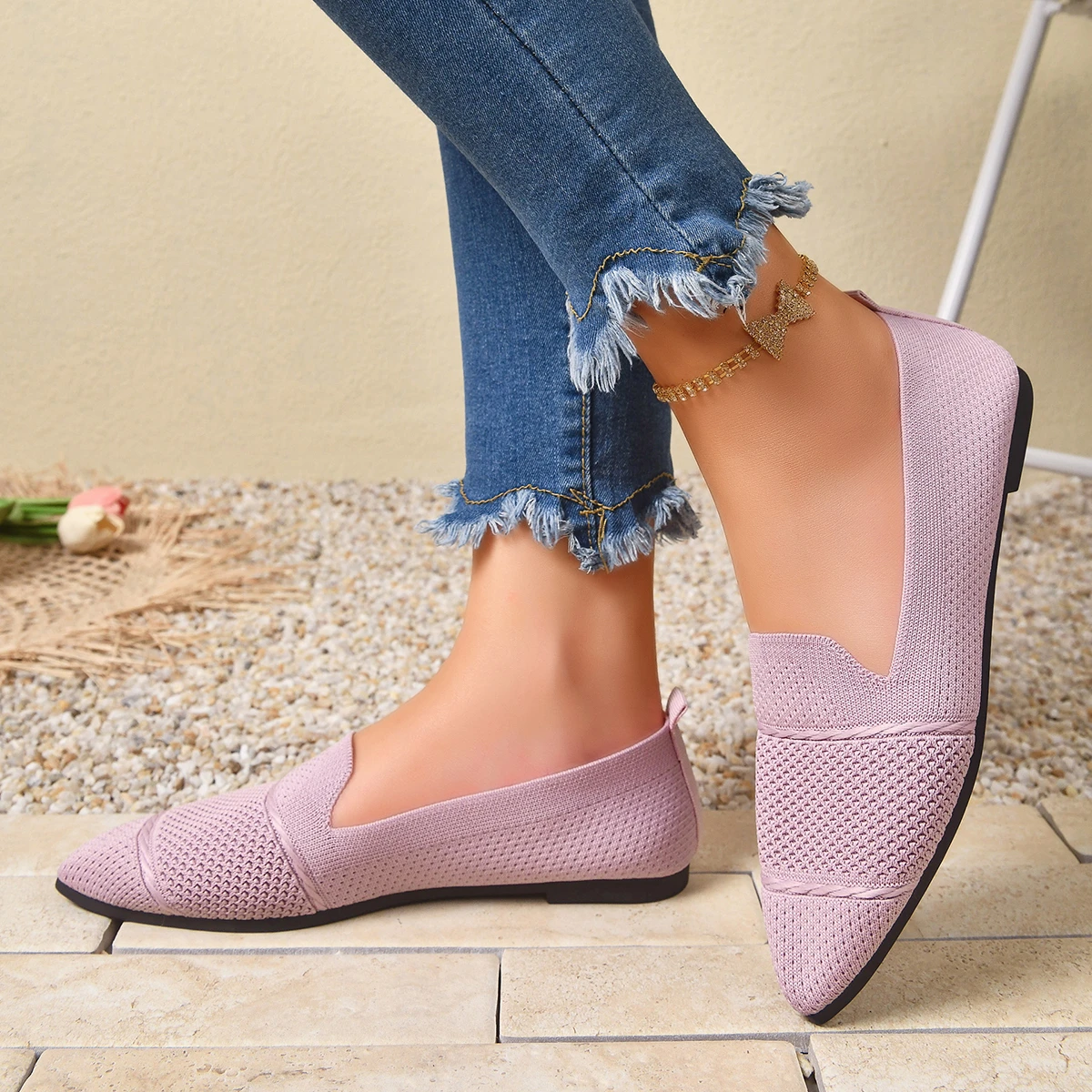 Women Flats 2026 Casual Sneakers Women Daily Office Dress Shoes Pointed Toe Knitted Loafers Breathable Slip on Flat Shoes Ladies