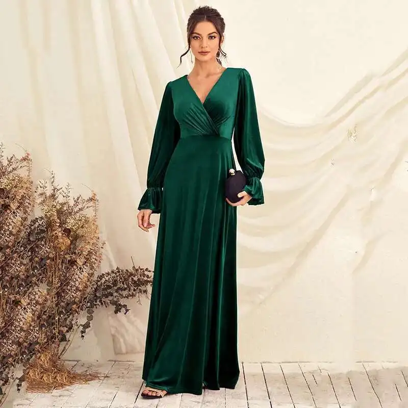 

Evening Dress New Spring Waist Banquet Skirt Chiffon V-neck Long Sleeve Gothic 2025 Summer Dress Robe Vestido Women Elegant