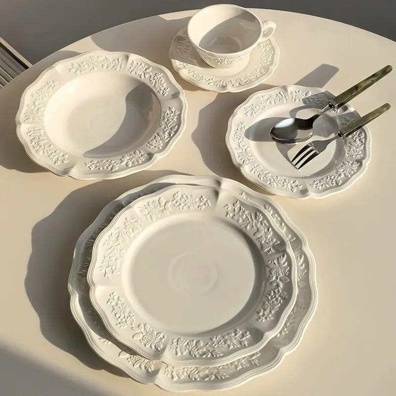 French Retro Relief Floral Ceramic Tableware, Breakfast Plate Western Dinner Plate, Coffee Cup & Saucer Set, Home Kitchen Decor