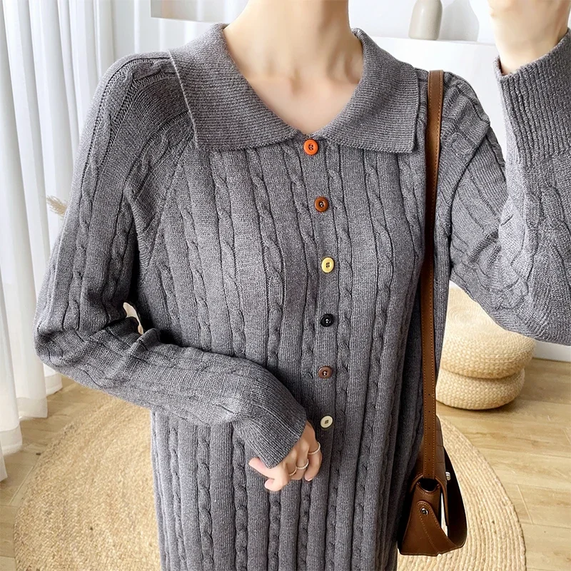 ZOMRY Autumn New Korean Polo Collar Knitting Sweater Dress Loose Warm Casual Versatile Clothing Vintage Lantern Sleeve Vestidos