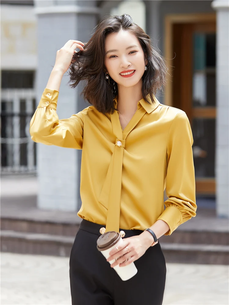 Women's Bow Tie Ribbon Shirt Elegant Long Sleeve Blouses Office Ladies Loose Tops Yellow Blue New Fashion Spring Fall