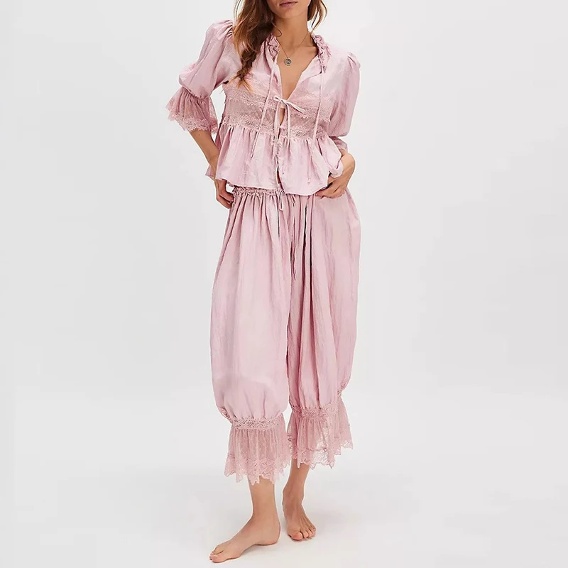 

Lady Chic V-neck Loose Tie Up Suit Sexy Hollow Lace Patchwork Home Outfit Casual Solid Short Sleeved Sleeved Top+Pants Two Twice