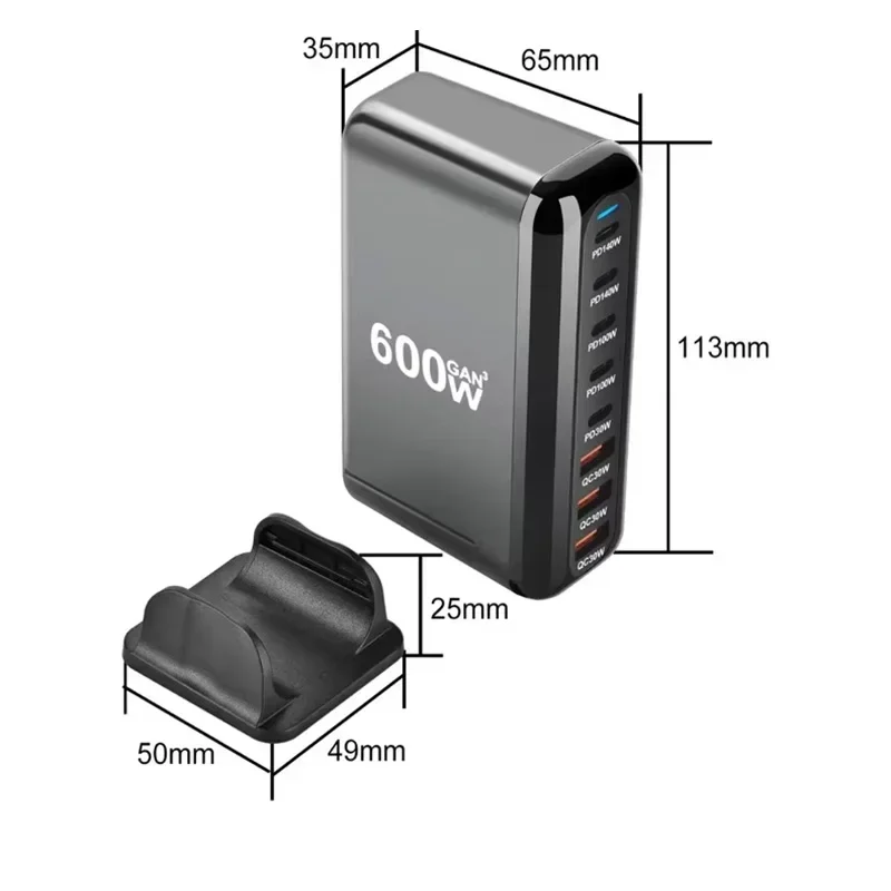 Ładowarka USB C o mocy 600 W, 8-portowa stacja ładująca USB C PD 140 W z szybkim ładowaniem GaN III — zdjęcie produktu 2