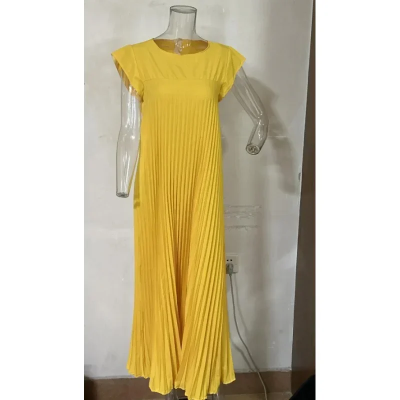 Women Round Neck Sleeveless Pleated Dress Solid Color Sexy Long Loose Maxi Dress Summer Ankle Length