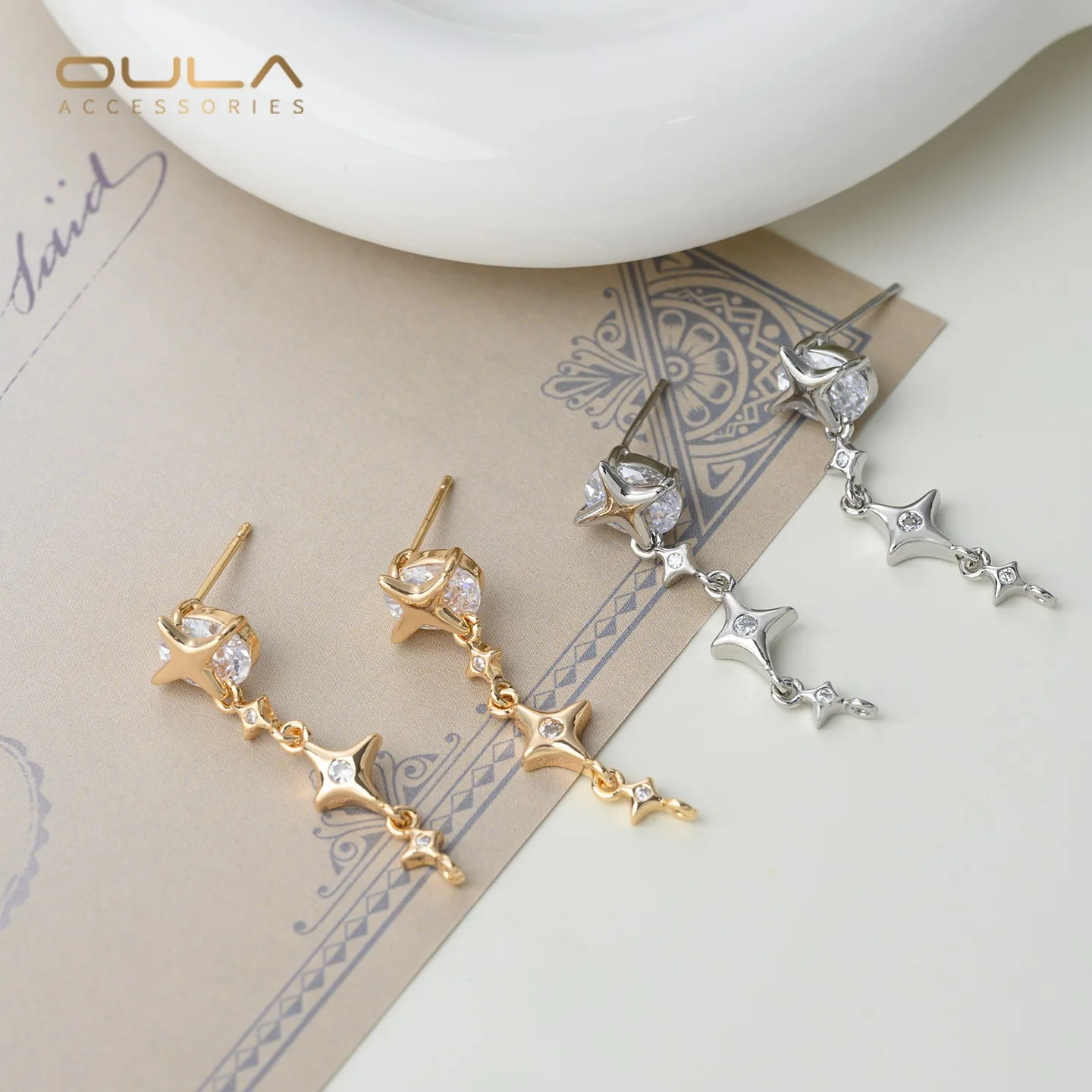 

1pair 14K Gold-encrusted Zircon Star Stud Earrings with Pendant, Diy Handcrafted Pearl Tassel Accessory Material