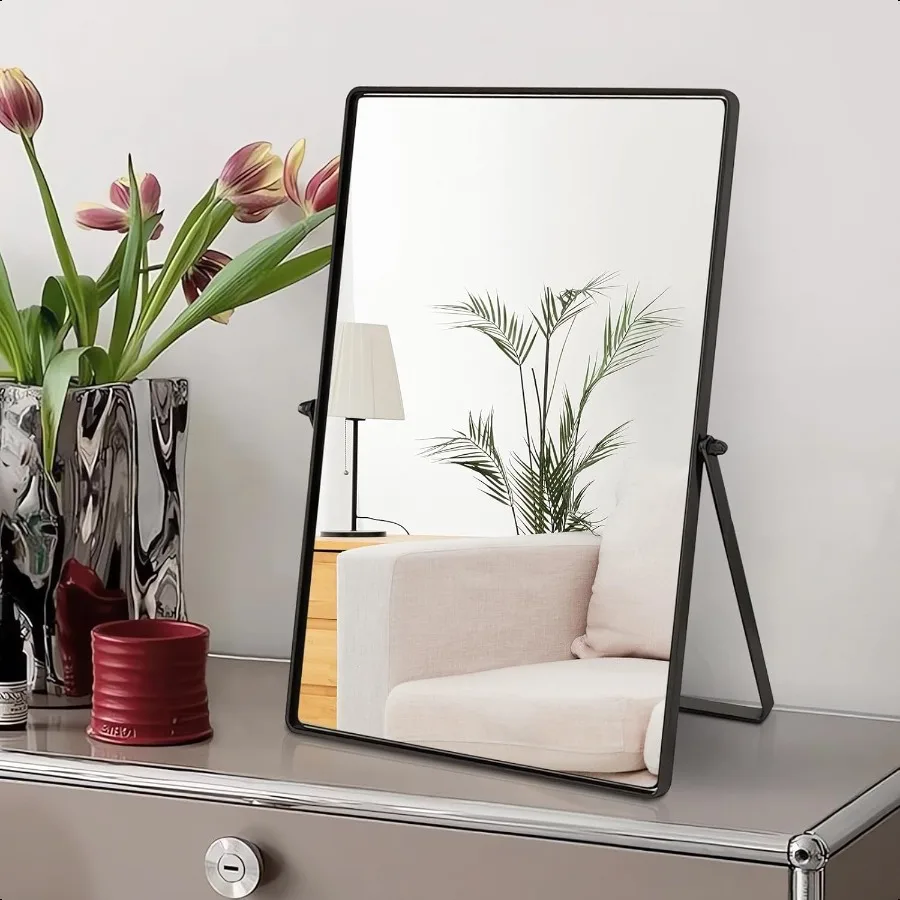 

Desktop Makeup Mirror with Black Metal Standing 90 Rotation Vanity Table Mirror Portable Cosmetic Mirror for Dring Room Bedroom