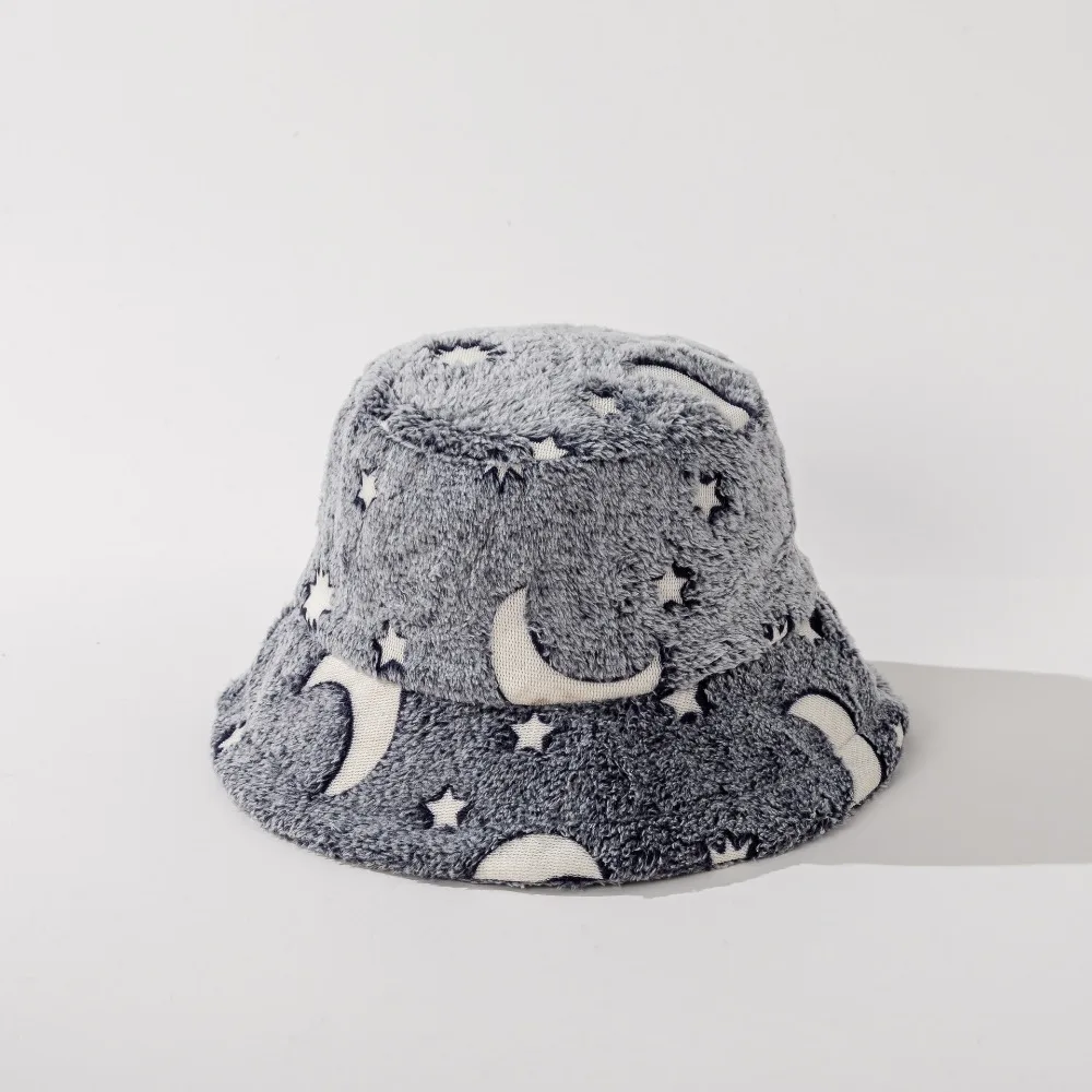 Fashion New Winter Star Moon Bucket Hat For Women Pink Panama Soft Warm Hats Female Vintage Faux Fur Fisherman Hats Czapka damska