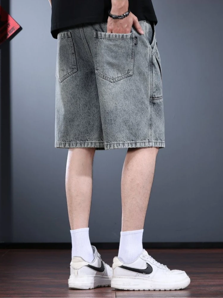 Premium Heavyweight Men's Denim Shorts Summer Washed Distressed American Retro Style Loose Fit Casual Workwear Mid-Length