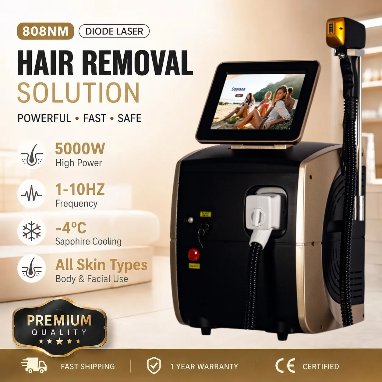 808nm Diode Hair Removal Machine 5000W Ice Cooling Permanent Hair Removal Beauty Salon Equipment