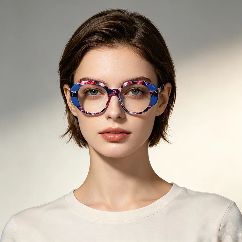 High Quality Unique Cat‑Eye Color Block Large Frame Eyeglasses Ins Trendy Vintage Unisex Plain Glasses Support Prescription Lens