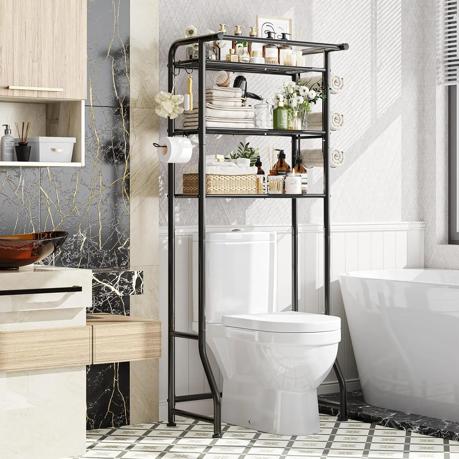 

Over The Toilet Storage Cabinet, Metal Bathroom Shelf Organizer with Paper Holder and Hooks, 3 Tier, Black