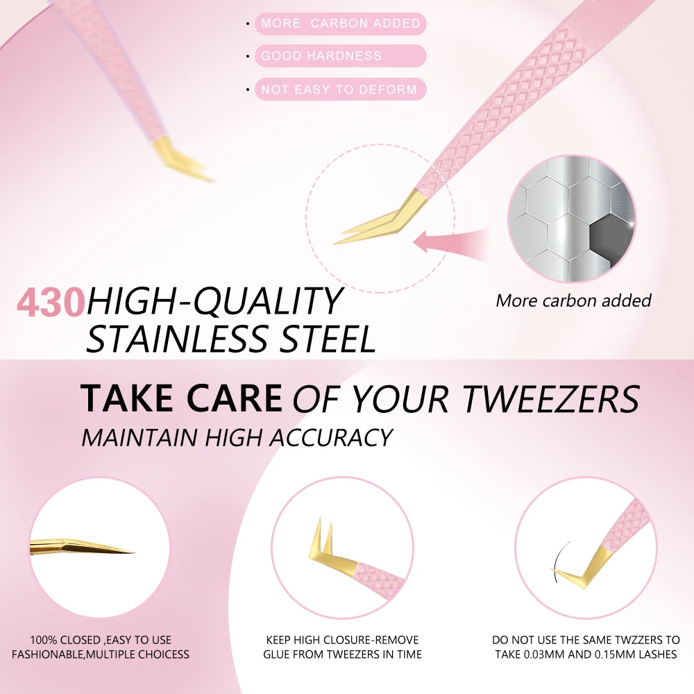 1 Pcs Eyelash Tweezers Extension Pink Stainless Steel Superhard Tweezers With Fiber Tips High Precision Anti-Static Tweezers