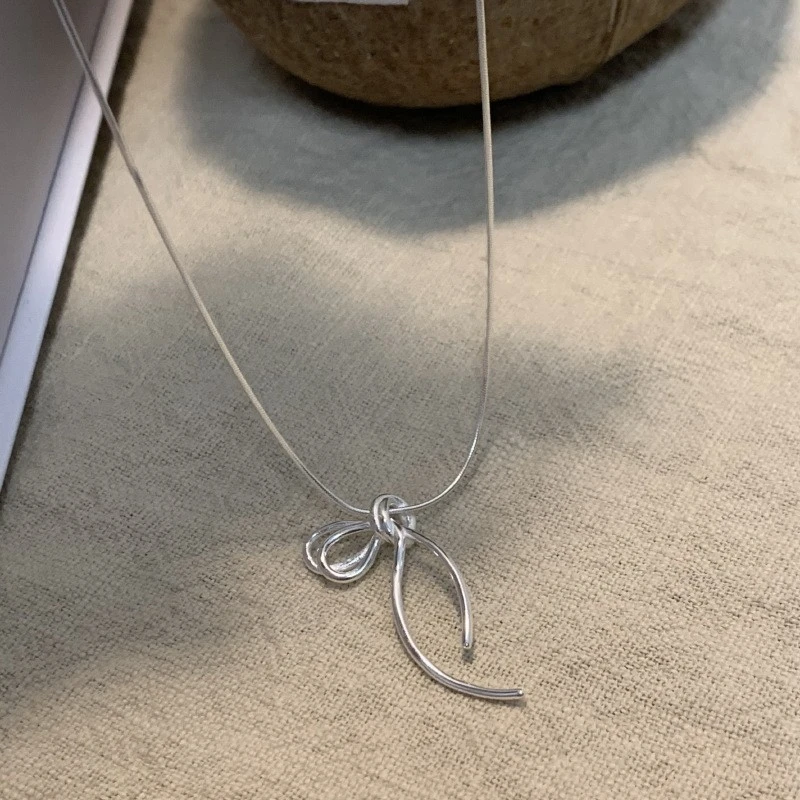 925 Sterling Silver Bowtie Ribbon Pendant Necklace Cute Simple Geometric Chain Necklace For Women Girl Jewelry Gift