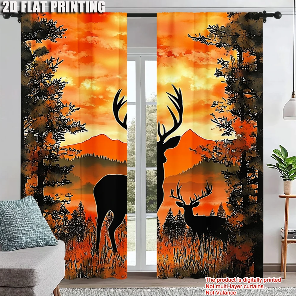 

2Pcs Fawn Pattern Digital Printed Polyester Material Window Curtains Rod Pocket Design For Easy Installation Home Decoration