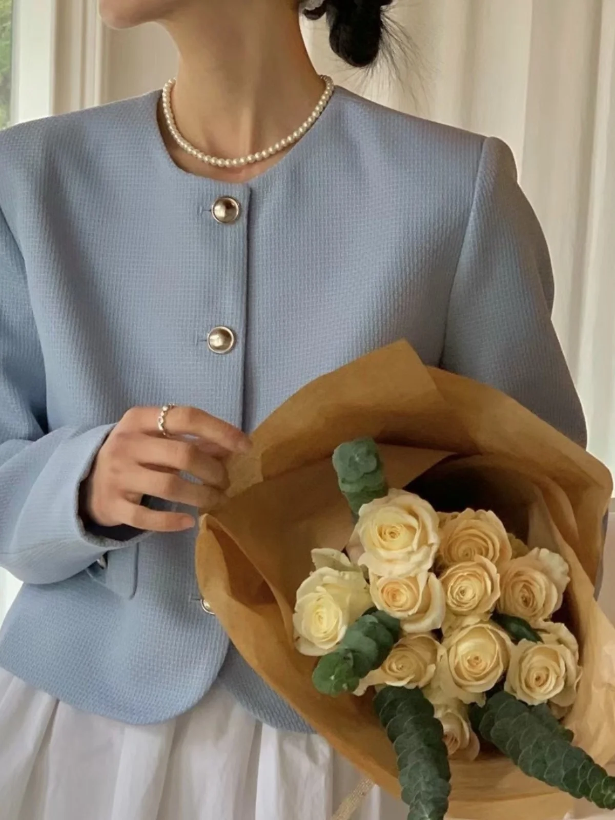 

Корейский женский костюм Jaet круглый Ne на одной пуговице, свободный топ с высоким дизайном, осень-зима, модный топ