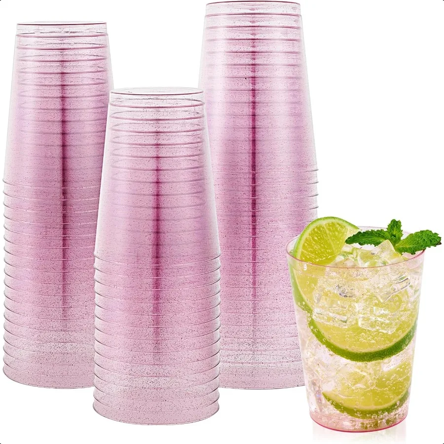 

10 oz Purple Plastic Cups 100 Pack Party Glasses Tumblers Heavy Duty Purple Glitter Cups for Wedding Thanksgiving Christmas Ha