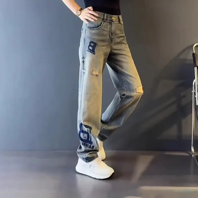 

Мужские джинсы прямого кроя с вырезами, осенний дизайн, свободные, роскошные, модные, брендовые, из денима, с высокой талией, прямые.