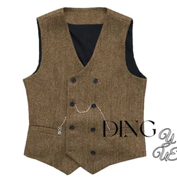 V Neck Men's Suit Vests Herringbone Wool Tweed Double Breasted Waistcoat Tuxedo Groomsmen For Wedding