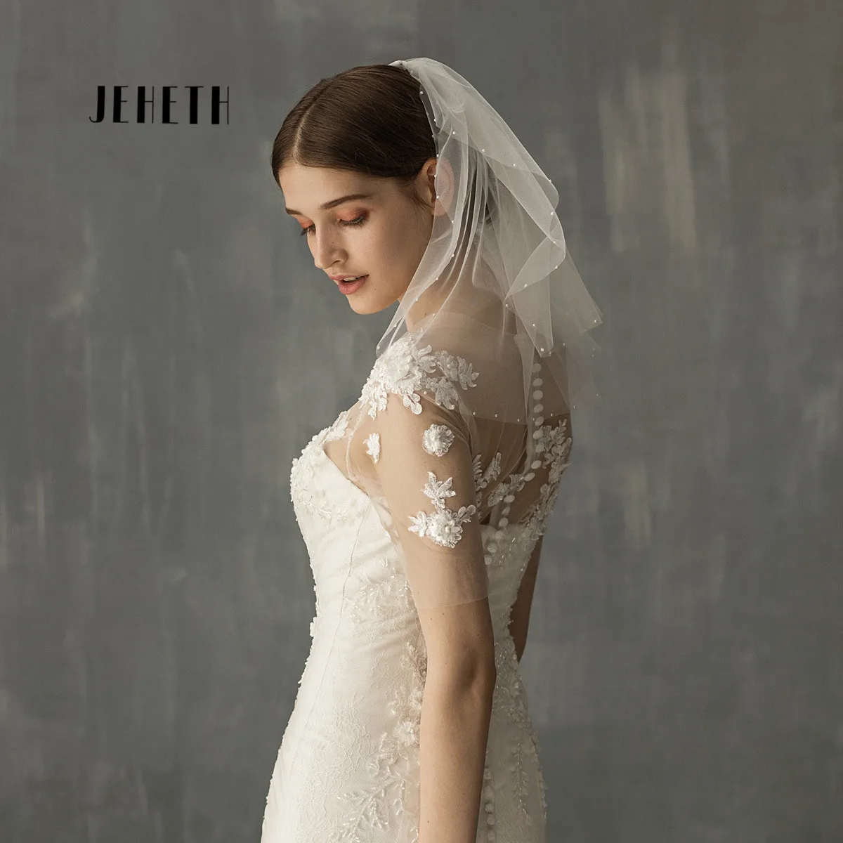 

Двухслойная жемчужная свадебная фата JEHETH, фата для лица для невесты с гребнем, свадебные аксессуары