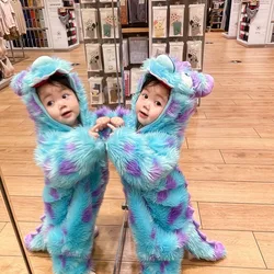 Uroczy kostium Sully Monster dla dzieci Halloween Kawaii strój niemowlęcy chłopiec dziewczynka zima ubrania typu Cosplay ciepły miękki Romper niebieski garnitur