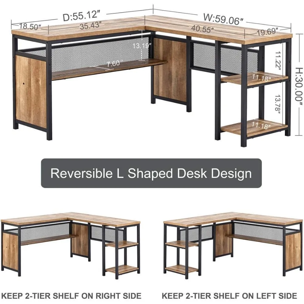 L geformter Computer tisch, industrieller Schreibtisch mit Regalen, reversibler Eck schreibtisch aus Holz und Metall für das Home Office