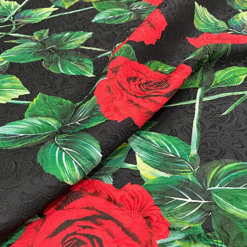 Rose Jacquard Fabric Italian Brand Fashion Design Printing Soft Polyester Satin Fabric Cloth Per Meter Diy Sewing Wholesale