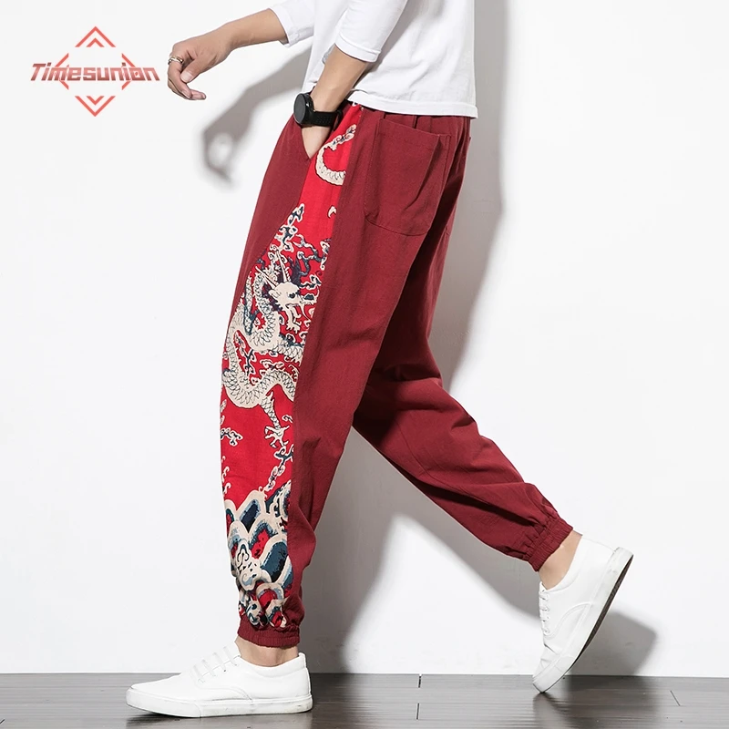 Summer Cotton Linen Casual Pants Men Dragon Pattern Print Patchwork Men's Trousers Loose Breathable Harem Pants for Women