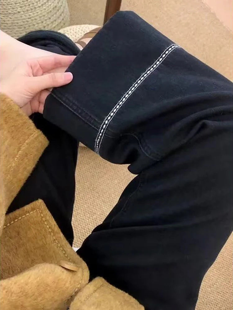 

Джинсы с высокой талией и прямыми штанинами для женщин больших размеров, черные, широкие, в корейском стиле, удобные, дышащие, для повседневной носки