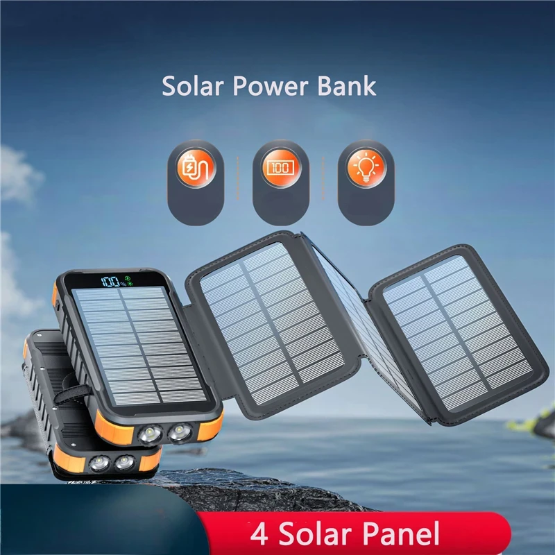 For IPhone 14 13 Samsung Xiaomi Poverbank with Cable LED Light Foldable Solar Power Bank 20000mAh Portable External Battery Pack