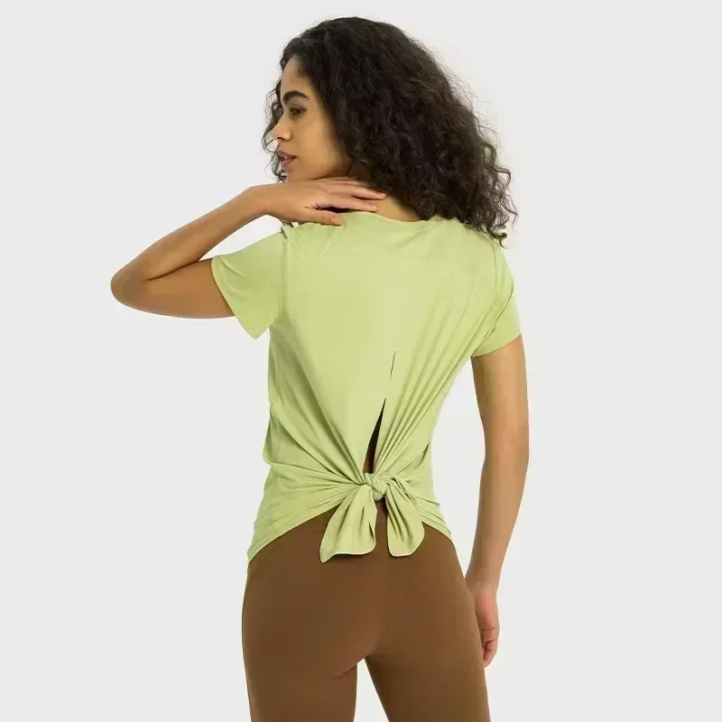 Mulheres leves casuais de volta atada camisetas tripulação pescoço camisas de manga curta yoga topo nu sentimento treinamento correndo ginásio wear