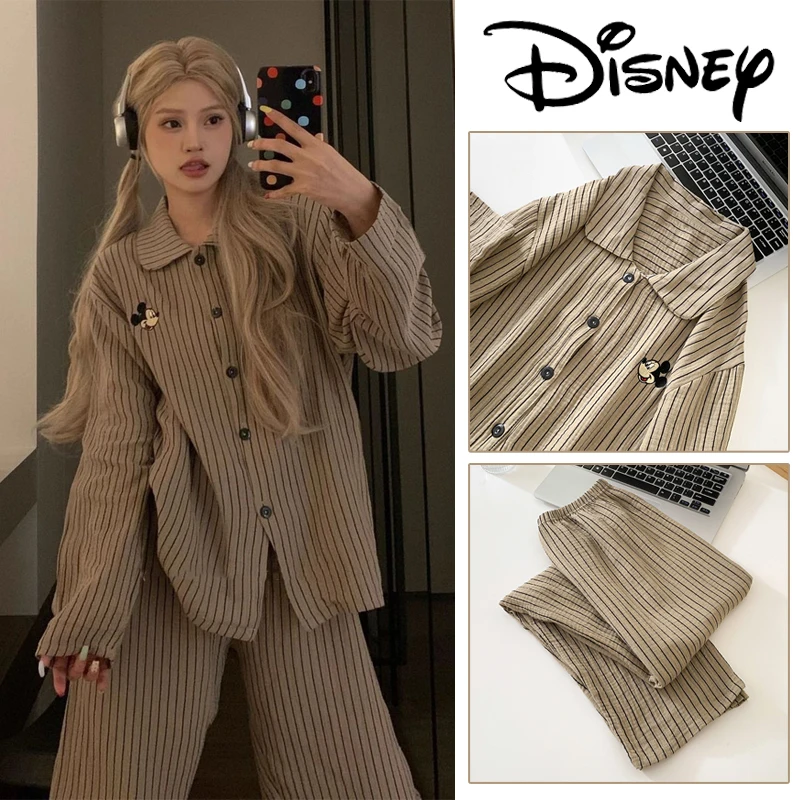 

Disney Mickey Mouse Pajamas Spring Autumn Long Sleeve Pants Set Women Home Cardigan Sleepwear Cartoon Casual Loose Homewear Gift