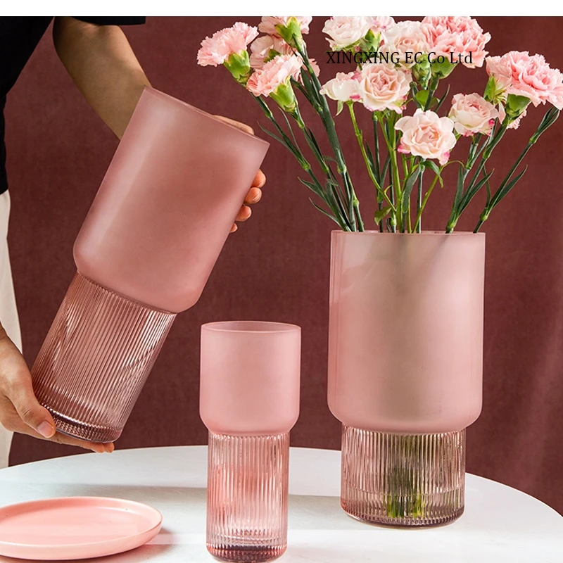 

Pink Frosted Texture Glass Vase Modern Minimalist Cylindrical Hydroponic Flower Arrangement Accessories Home Decoration