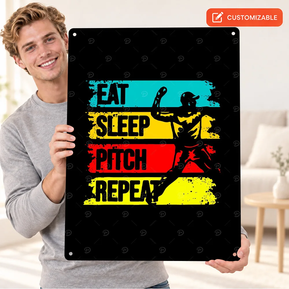 Eat Sleep Baseball Repeat Printed Poster Customized Aluminum Metal Sign Graphic Design Wall Art For Media Room Sports Fan Gift