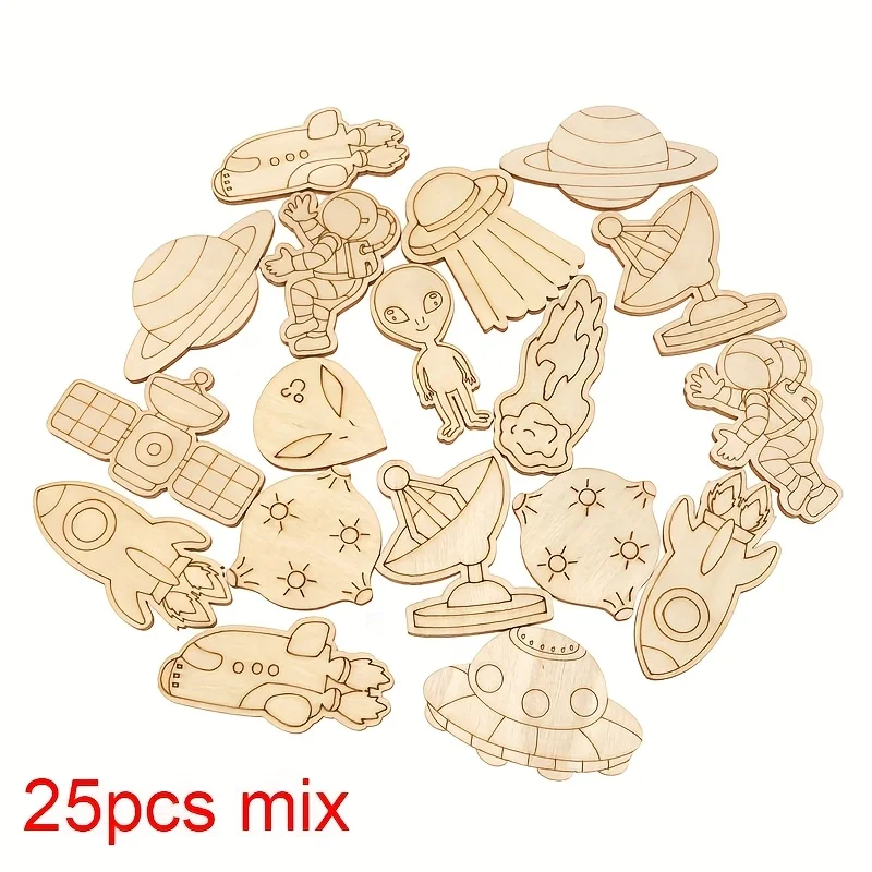 25pcs random Space Theme Unfinished Blank Wooden Slices Astronaut Spacecraft Satellite Planet Crafts to Paint Wood Cutouts