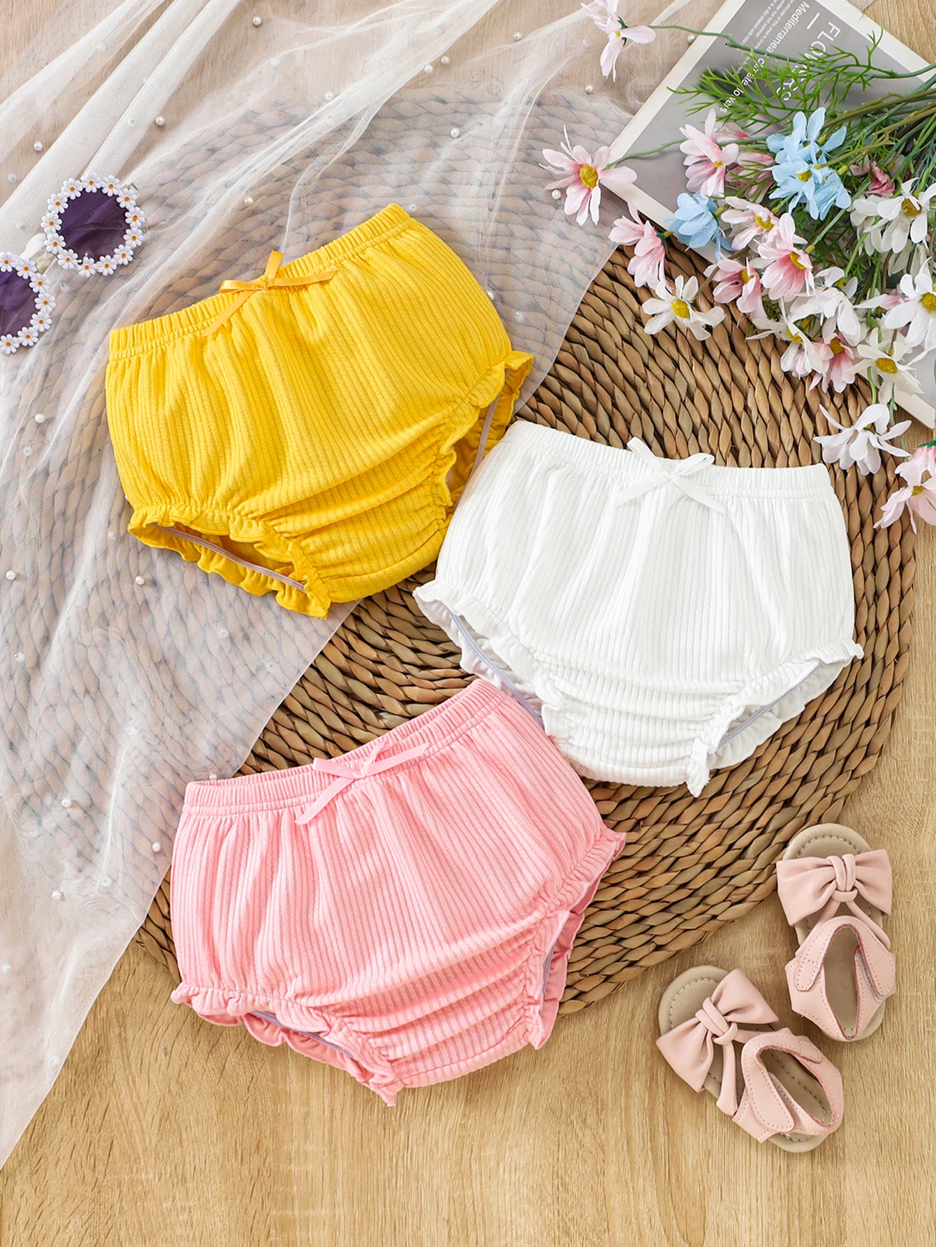 3pcs Summer Baby Girls Vertical Rib Bloomer Shorts Set, Bow Ruffle Harem Underwear Shorts, Pastel 3 Color Pack, Daily Loungewear