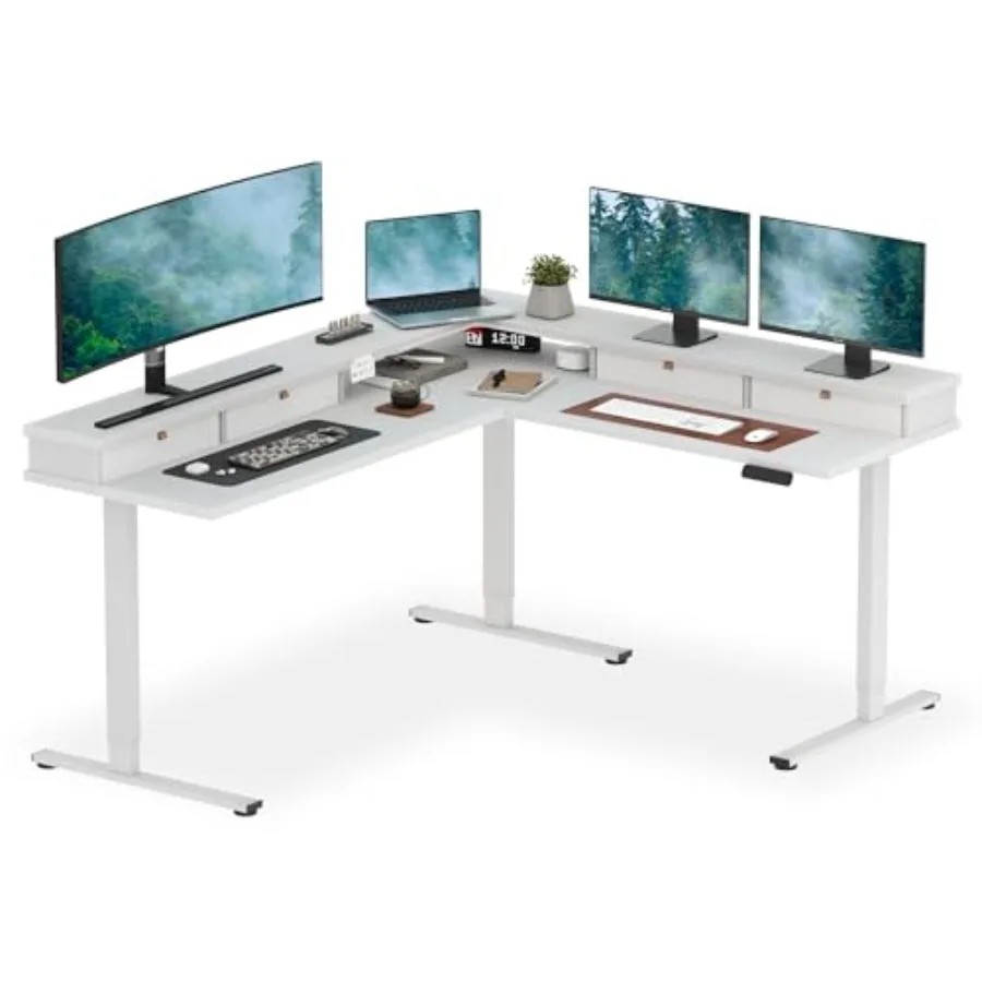 Electric L-Shaped Corner Standing Desk with 4 Drawers: Office Use, Steel Frame, Matte Black, Height-Adjustable Space-Saving Des