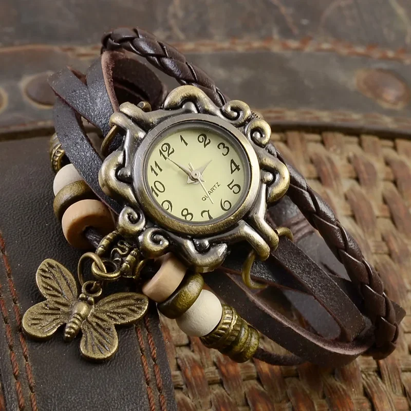 Multicolor High Quality Women Leather Vintage Quartz Dress Watch Bracelet Wristwatches Butterfly Gift Reloj De Mujer