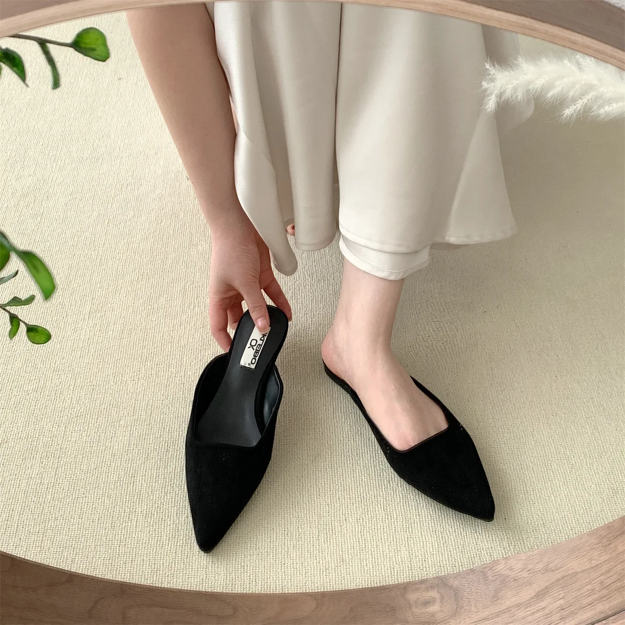 Women Slippers Pointed Toe Leopard Shallow Slip on Thin Low Heels Black Design Casual Mules Loafers Black Outdoor Platform Heels