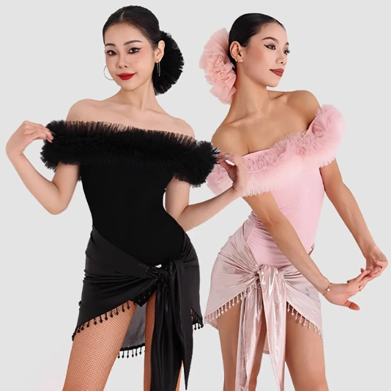 Ladies Latin Dance Tutu Mesh Bodysuit and Bright Armband Skirt Adult Practice Rumba Cha Cha Women Ballroom Competition Dancewear